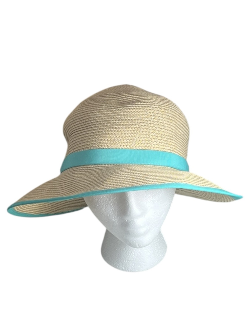 Sun N Sand Wide Brim Straw Sun Hat with Aqua Trim Beach Resort Vacation Cruise